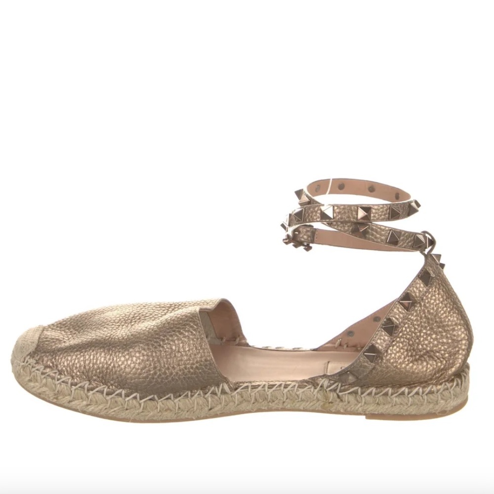 Valentino Gold Metallic Rockstud Accents Ankle-Wrap Espadrille